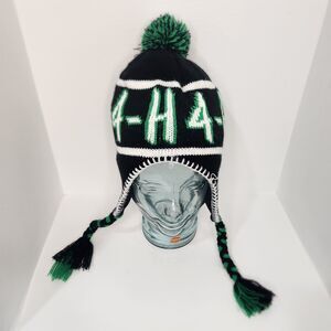 4-H Theme Black Green White Fleece Lined Knit Earflap Beanie Pom Pom Tassels